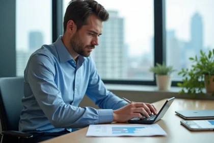Jeune homme d'affaires concentré sur un graphique de croissance