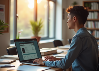 Jeune professionnel au bureau avec un ordinateur portable pour l article