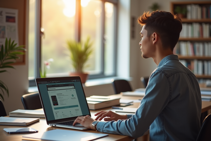 Jeune professionnel au bureau avec un ordinateur portable pour l article