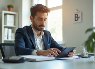 Jeune professionnel calculant son salaire au bureau