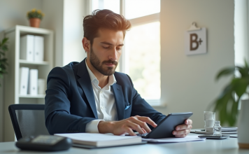 Jeune professionnel calculant son salaire au bureau