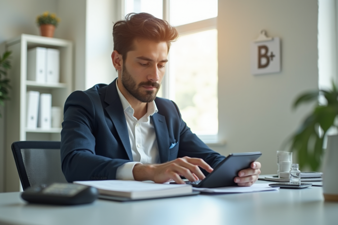 Jeune professionnel calculant son salaire au bureau