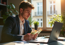 Jeune professionnel à un bureau moderne comptant des billets euro et analysant des graphiques