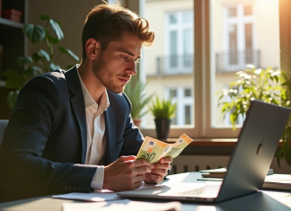 Jeune professionnel à un bureau moderne comptant des billets euro et analysant des graphiques