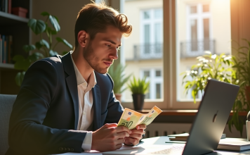 Jeune professionnel à un bureau moderne comptant des billets euro et analysant des graphiques