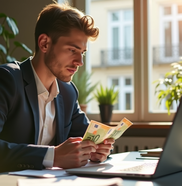 Jeune professionnel à un bureau moderne comptant des billets euro et analysant des graphiques