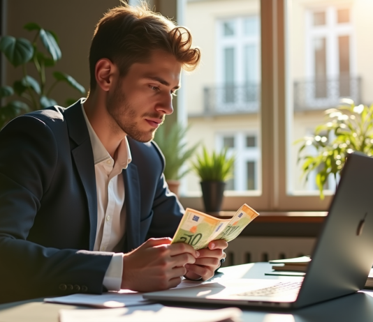 Jeune professionnel à un bureau moderne comptant des billets euro et analysant des graphiques