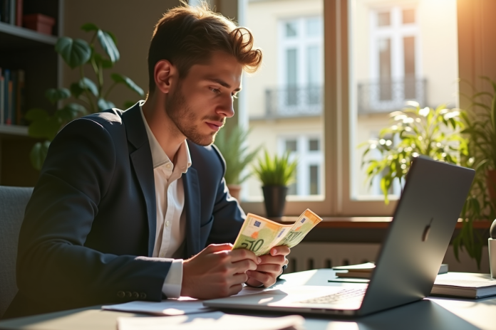 Jeune professionnel à un bureau moderne comptant des billets euro et analysant des graphiques