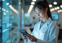 Science et technologie : trois rôles essentiels dans le développement Jeune scientifique en laboratoire examinant une tablette