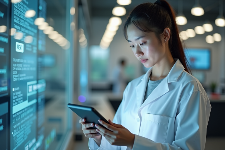 Jeune scientifique en laboratoire examinant une tablette