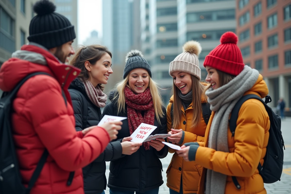 Groupe d amis échangeant des cartes de vœux en ville