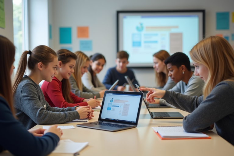 Groupe d'élèves au lycée utilisant leurs ordinateurs en classe