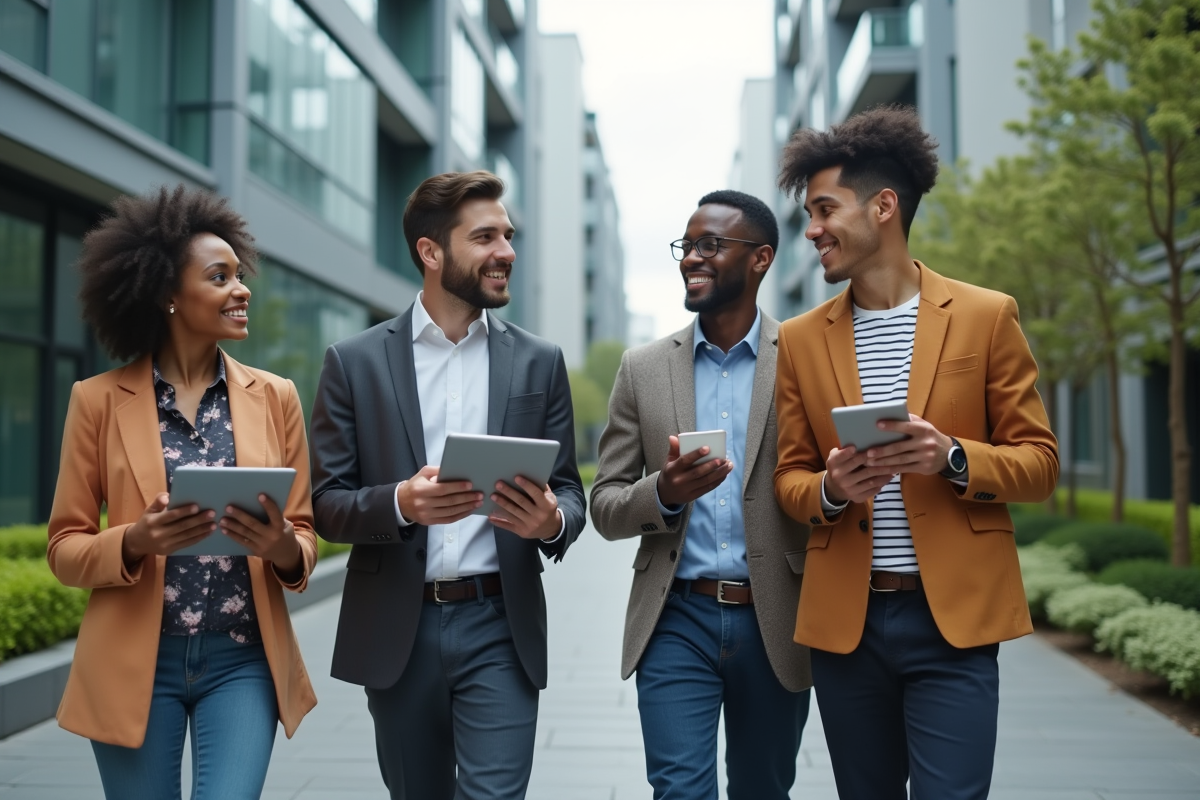 Groupe de jeunes professionnels discutant en extérieur