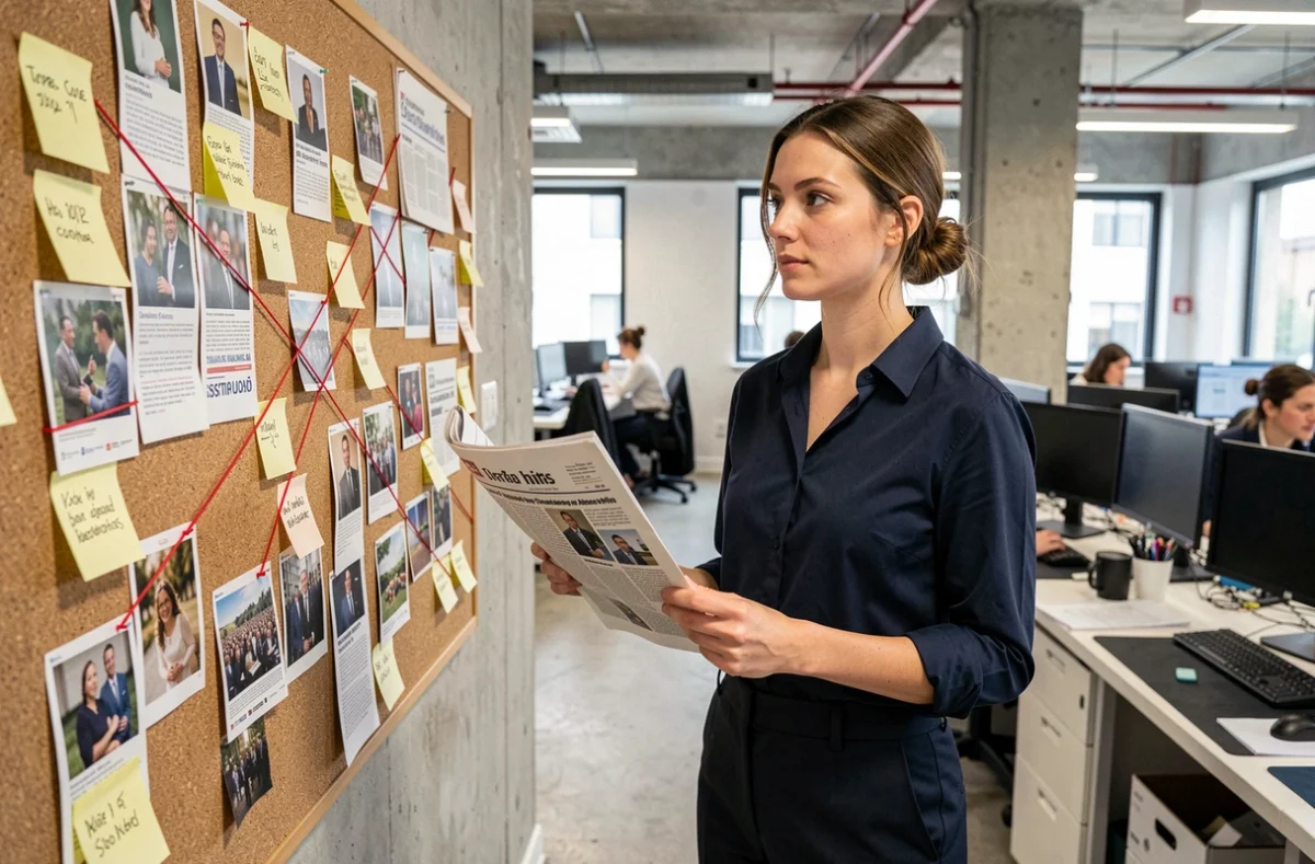 Journaliste dans une rédaction examinant un tableau d'enquête avec des dates et des documents épinglés