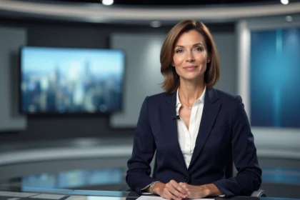 Journaliste présentatrice de télévision assise au bureau d'un plateau de news, expression professionnelle et concentrée