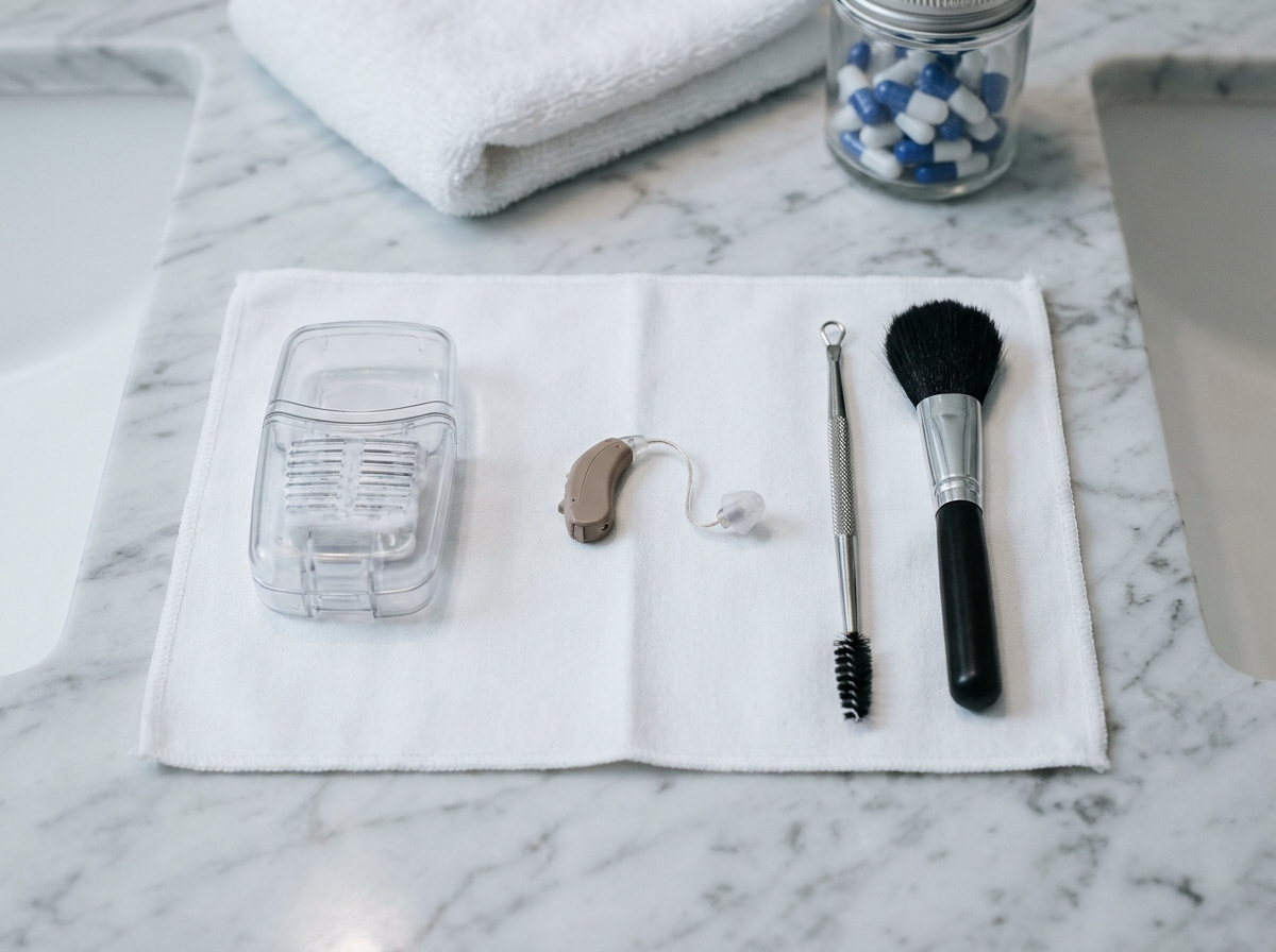 Kit d'entretien pour appareil auditif disposé sur un comptoir en marbre avec brosse, déhumidificateur et outil de nettoyage