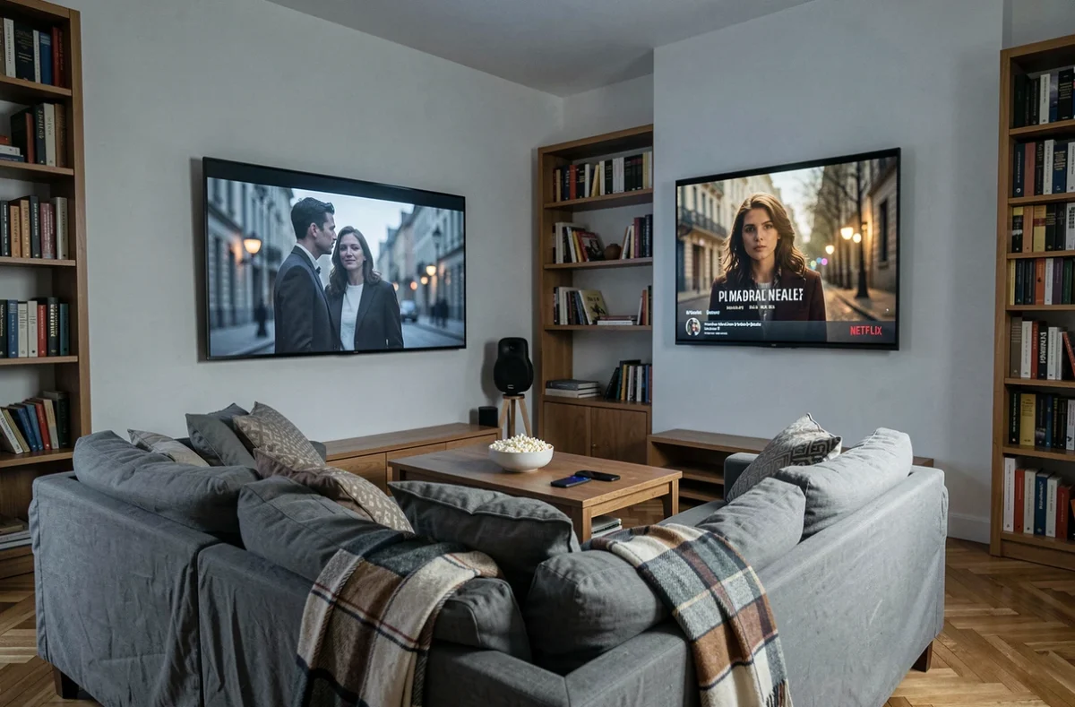 Salon français avec Netflix affiché sur la télévision pour regarder le film L'amour ouf en soirée