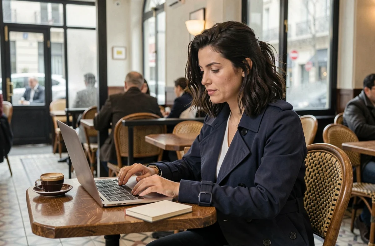 Femme regardant L'amour ouf sur Netflix dans un café parisien avec un ordinateur portable