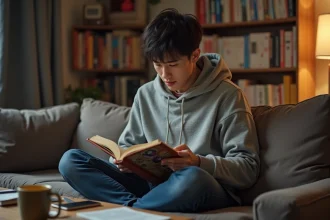 Jeune homme lisant un manga sur son canapé, entouré d'une collection de volumes manga sur des étagères, ambiance appartement cosy