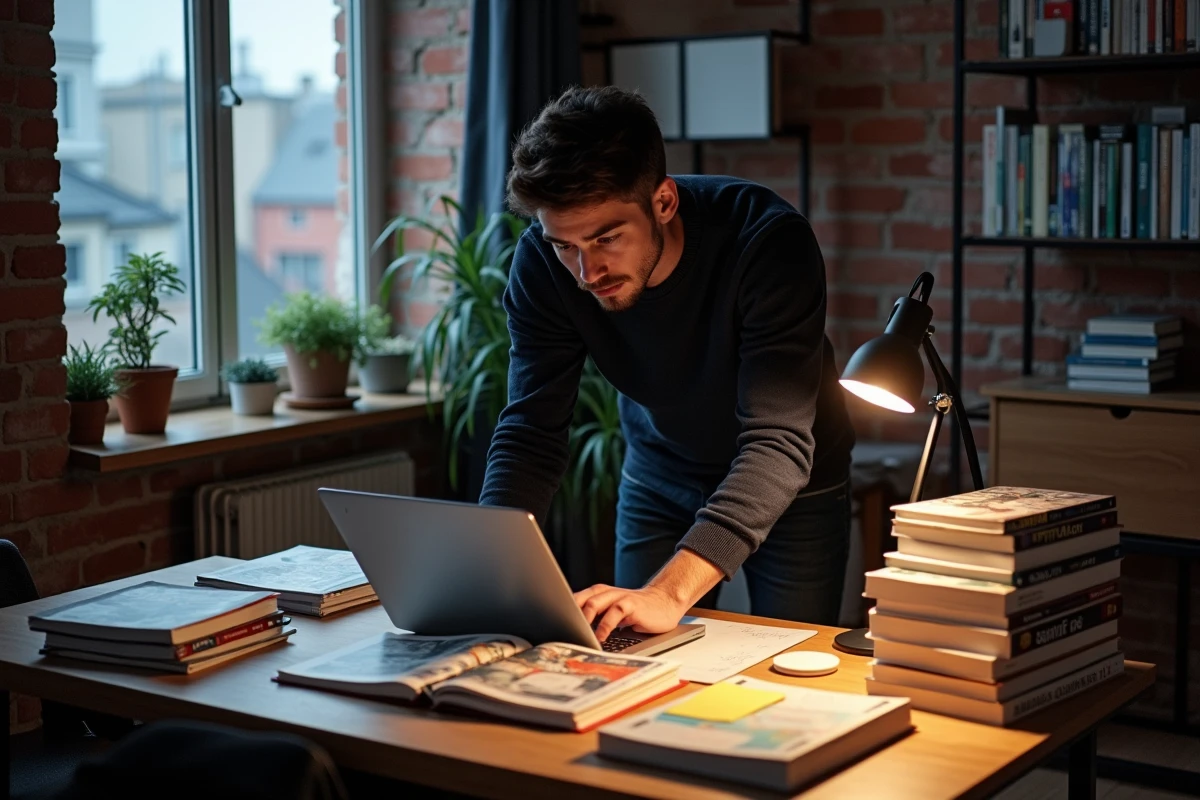 Homme adulte passionné de manga naviguant sur une plateforme de lecture manga en ligne depuis son bureau