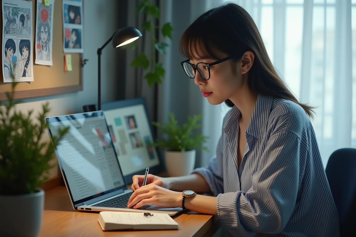 Jeune femme consultant un site de lecture de manga en ligne sur son ordinateur portable, prenant des notes dans un cahier, bureau à domicile