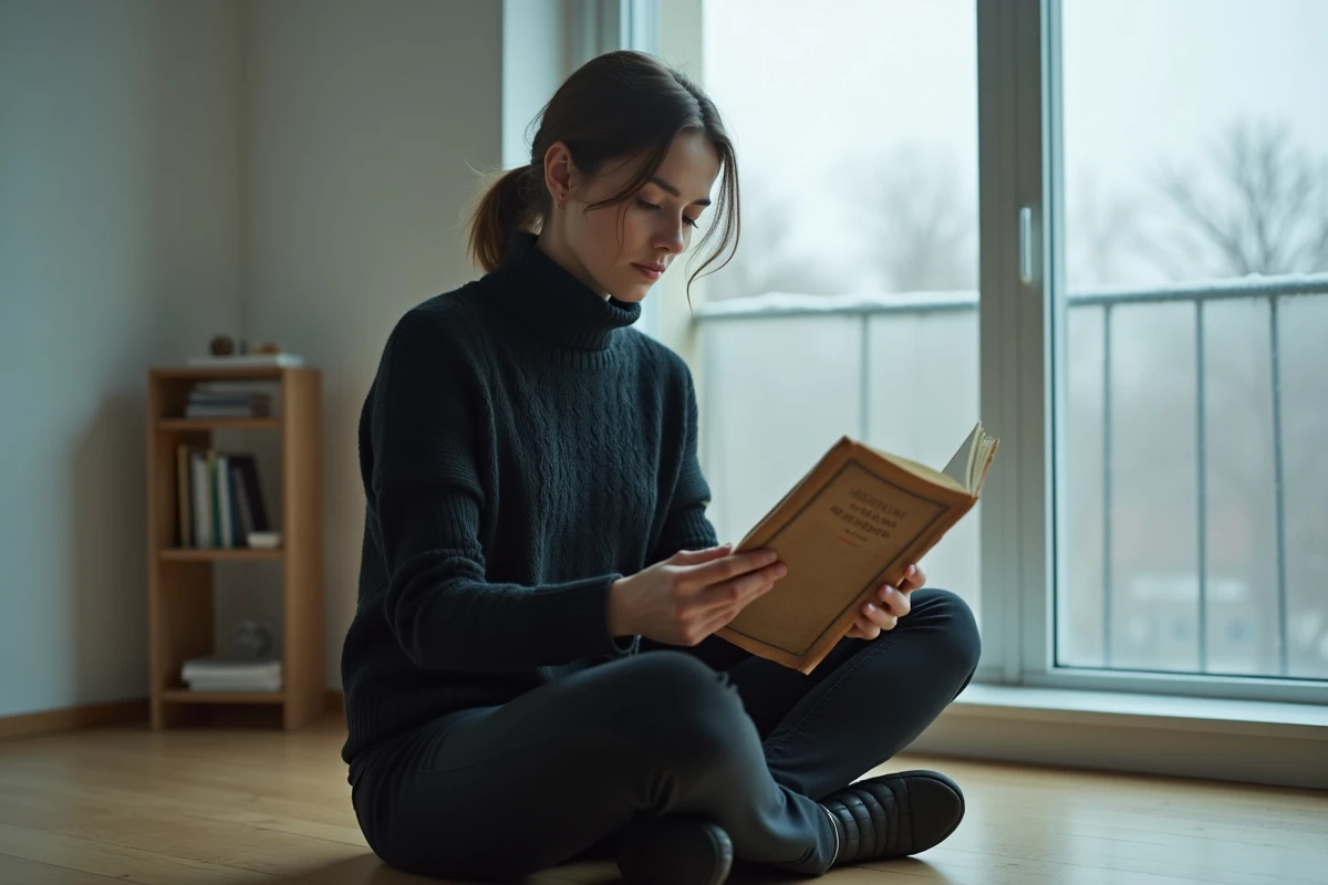 Jeune femme lisant une œuvre de Schopenhauer avec perplexité dans un appartement minimaliste