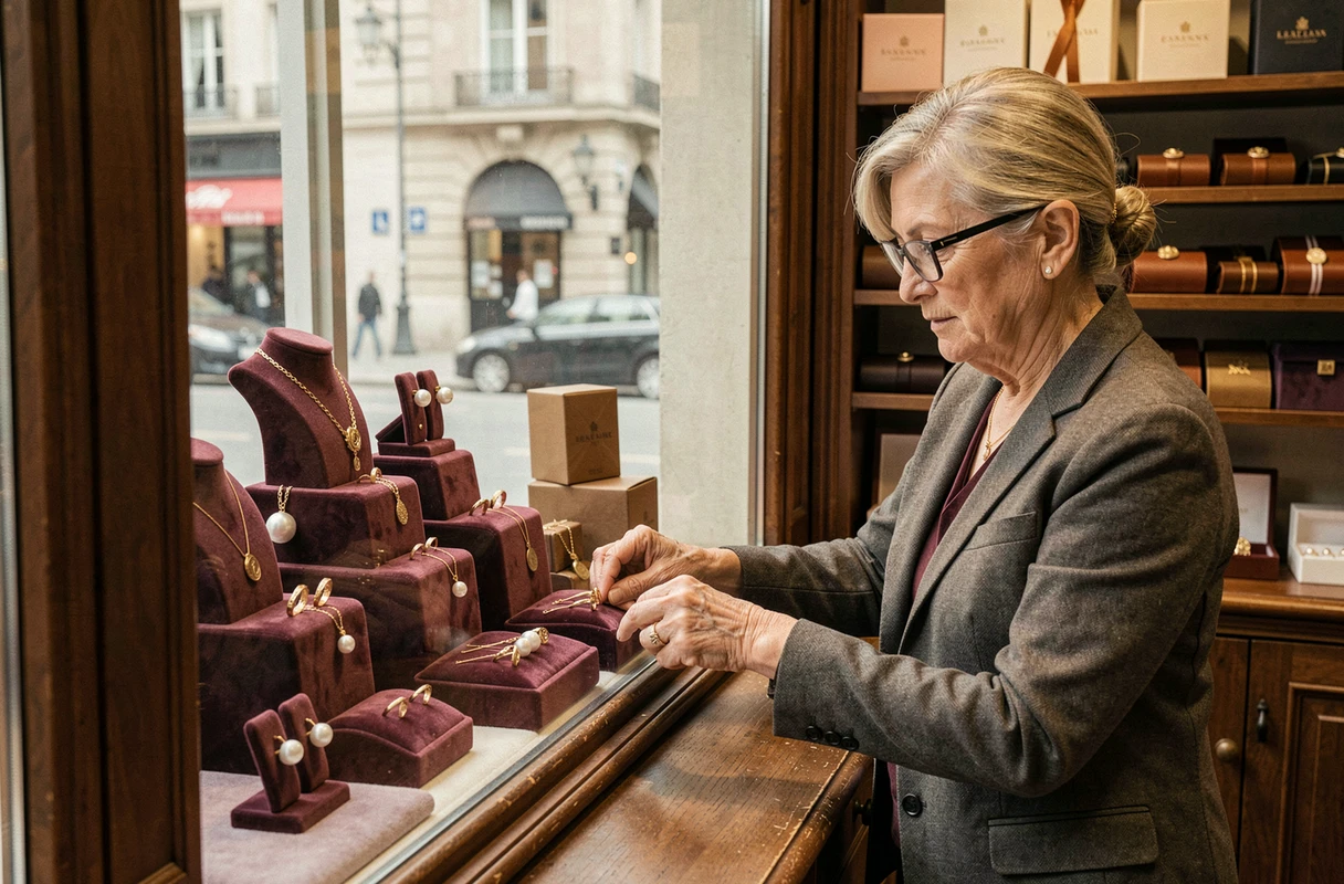 Bijouterie Lepage avec une joaillière expérimentée disposant des bijoux en or dans une boutique traditionnelle