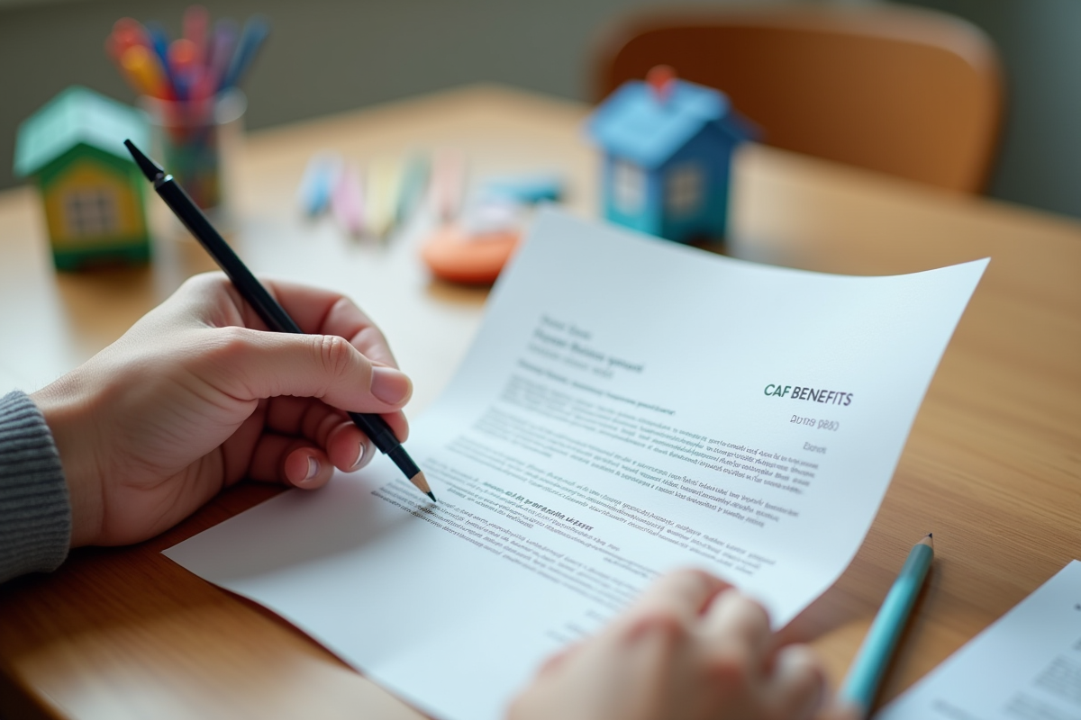 Main tenant une lettre CAF avec jouets en arrière-plan