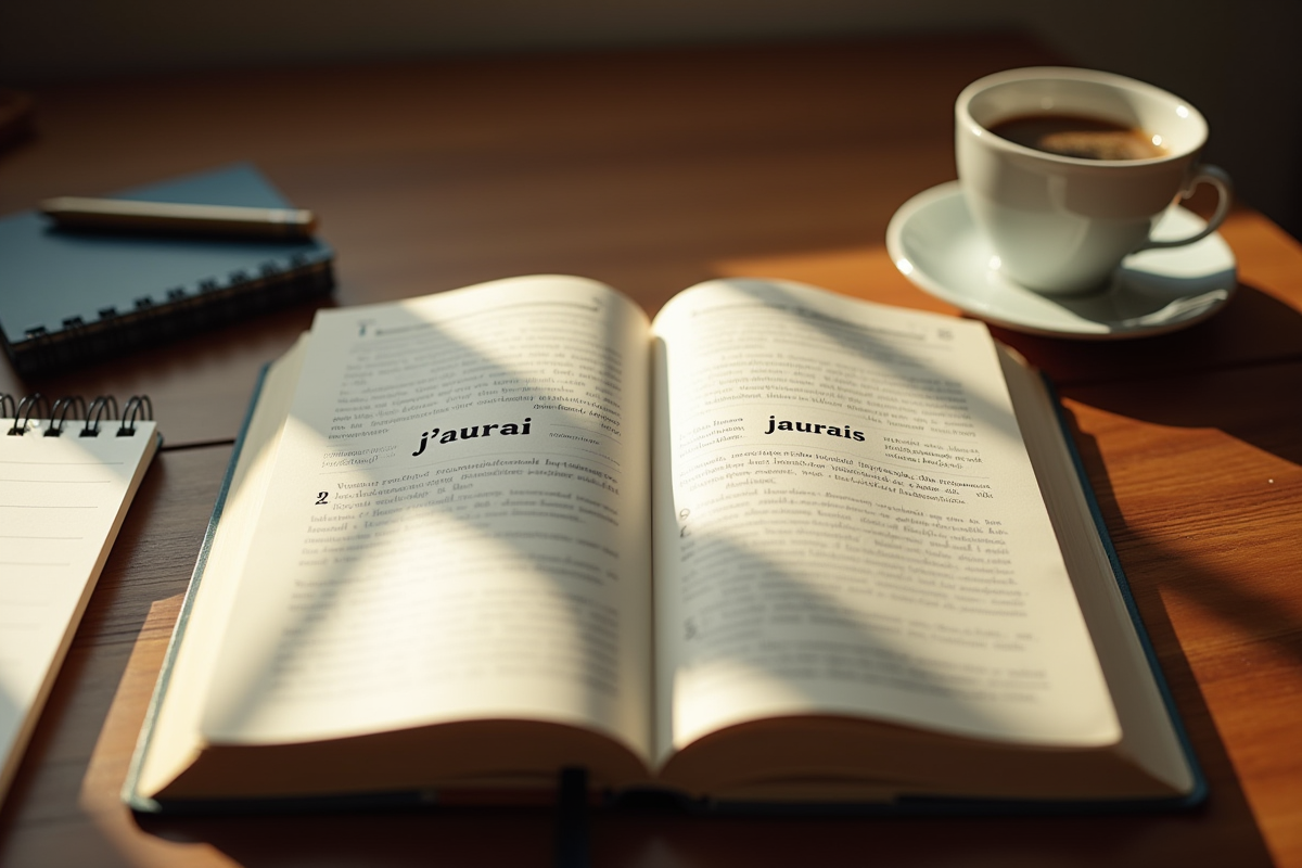 Livre de grammaire française ouvert avec j