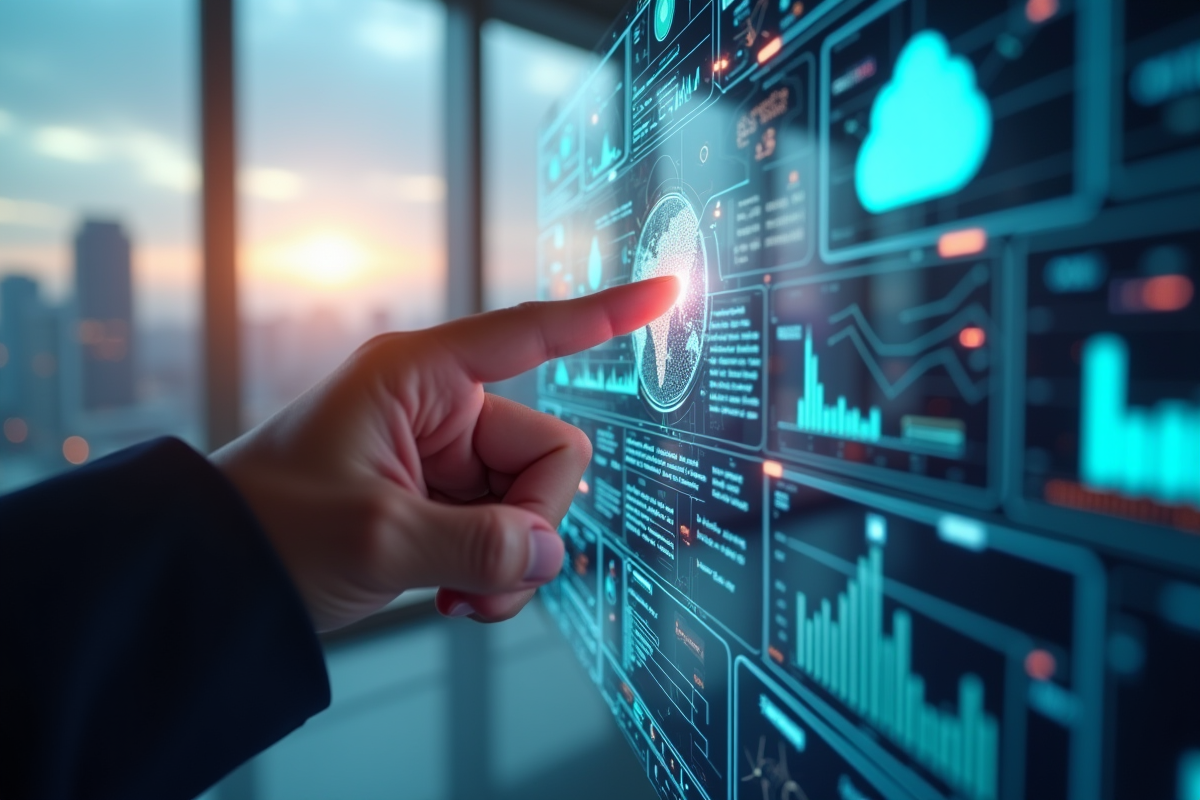 Mains manipulant une interface tactile avec graphiques et connectivite