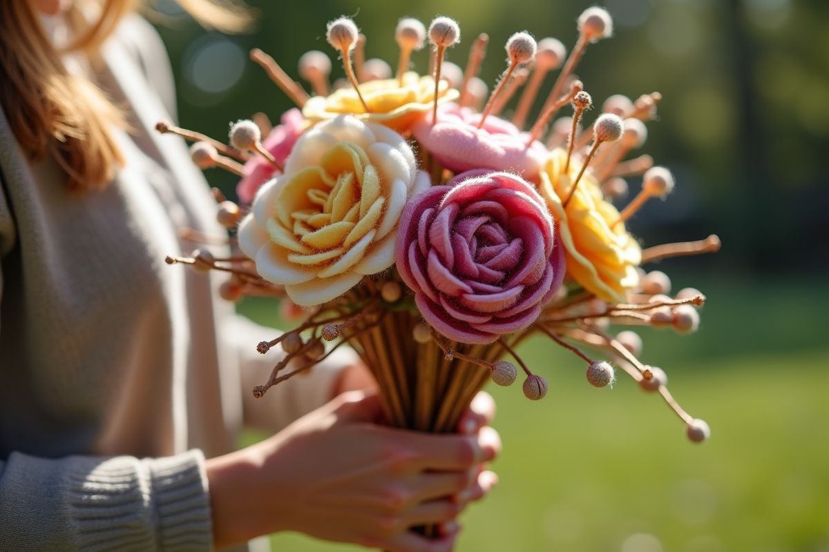Mains tenant un bouquet artisanal en plein air en journée