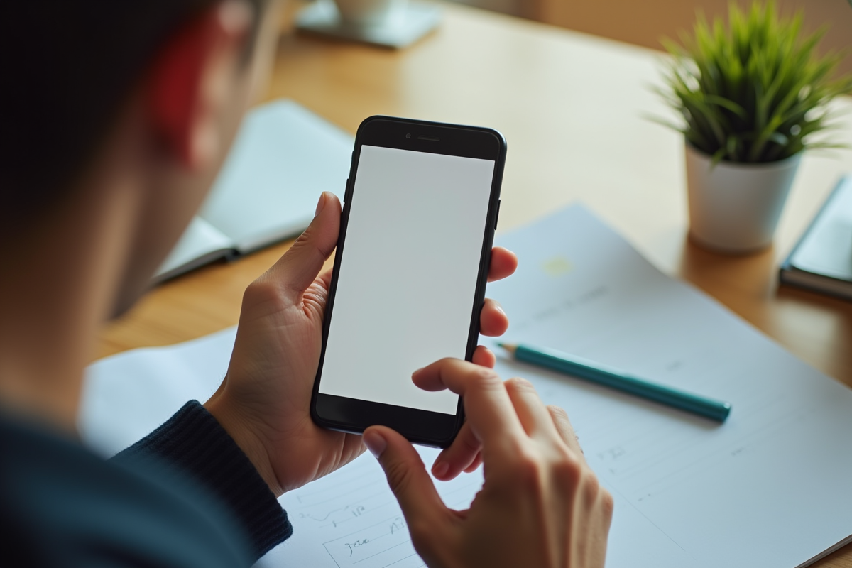 Mains tenant un smartphone affichant une flashcard en gros plan sur un bureau