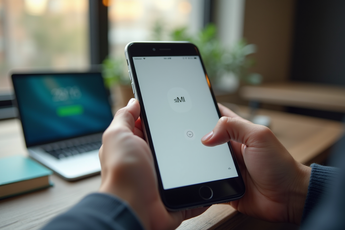 Mains tenant un smartphone avec une application webmail ouverte