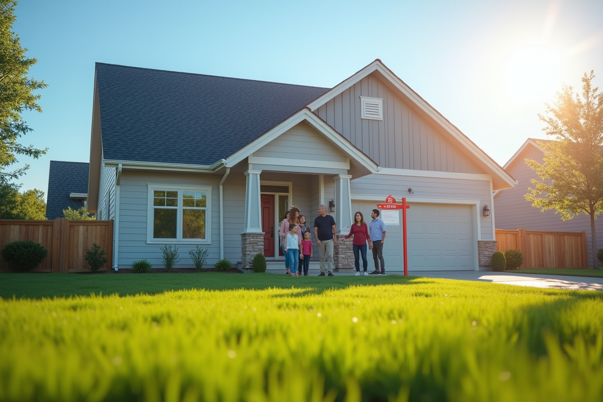 Famille heureuse devant leur maison neuve en vente en banlieue