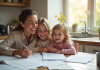 Maman et enfants souriants autour de papiers à la cuisine