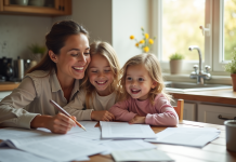 Maman et enfants souriants autour de papiers à la cuisine