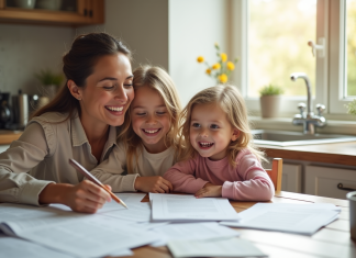 Maman et enfants souriants autour de papiers à la cuisine