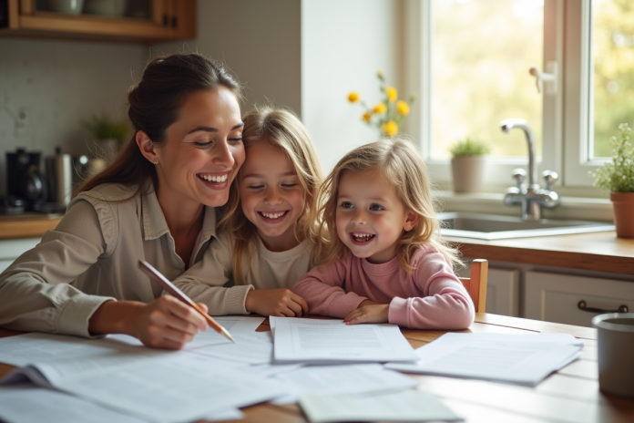 Maman et enfants souriants autour de papiers à la cuisine