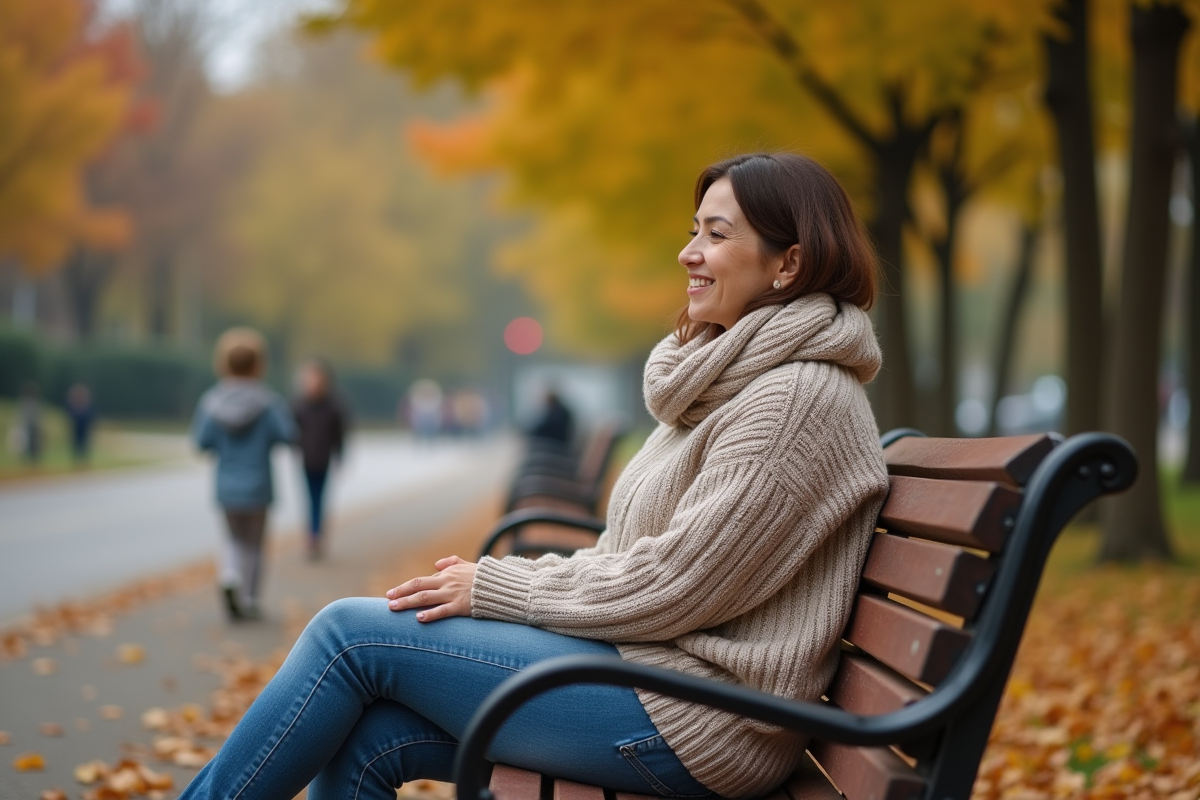 Maman assise sur un banc de parc avec son enfant