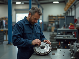 Comment estimer le prix d’un volant moteur bi masse : facteurs à considérer Mécanicien homme examinant un volant moteur dans l'atelier