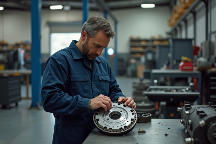 mecanicien-atelier-flywheel Mécanicien homme examinant un volant moteur dans l'atelier