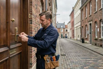 Un serrurier professionnel intervient sur une porte dans une rue pavée de Calais, illustrant le classement des meilleurs serruriers de la ville