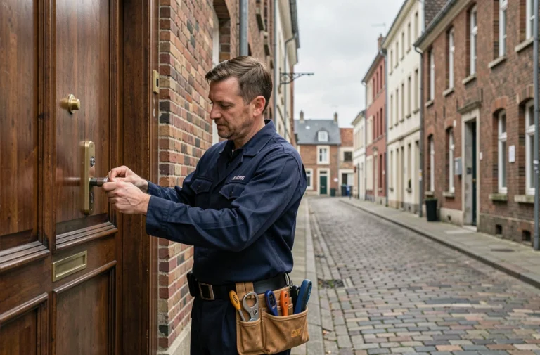 Un serrurier professionnel intervient sur une porte dans une rue pavée de Calais, illustrant le classement des meilleurs serruriers de la ville