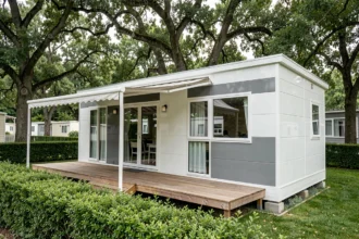 Mobil-home français moderne avec terrasse en bois dans un camping verdoyant entouré d'arbres
