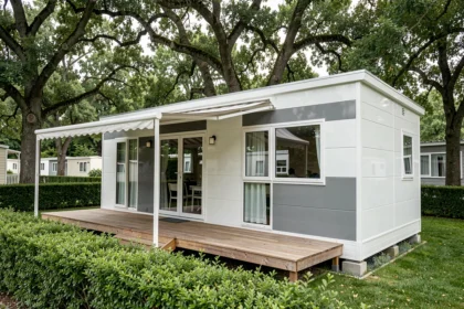 Mobil-home français moderne avec terrasse en bois dans un camping verdoyant entouré d'arbres