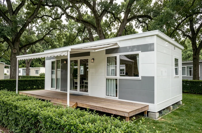 Mobil-home français moderne avec terrasse en bois dans un camping verdoyant entouré d'arbres