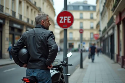 Motard en zone ZFE avec panneau de restriction de circulation en ville