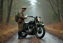 Moto militaire vintage près d une forêt avec soldat vérifiant une carte