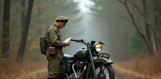 Moto militaire vintage près d une forêt avec soldat vérifiant une carte