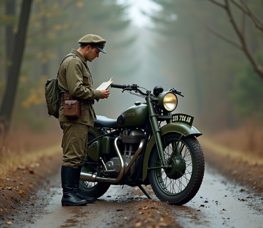 Moto militaire vintage près d une forêt avec soldat vérifiant une carte